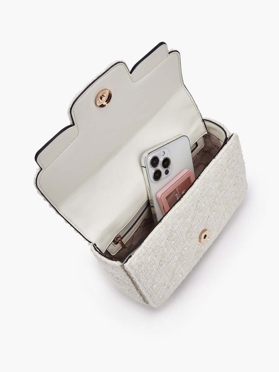 Tweed Textured Satchel Bag with Button Closure