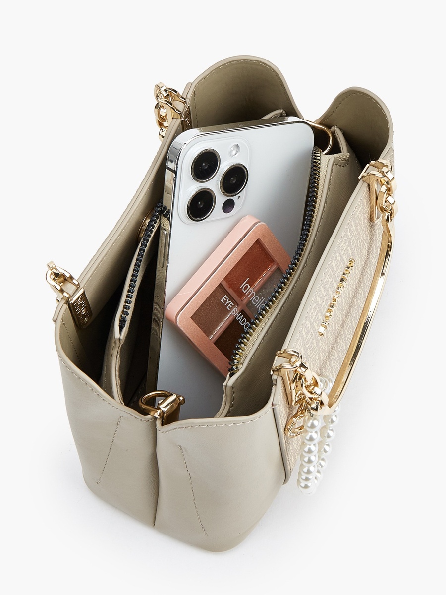 Monogram Print Tote Bag with Pearl Charm