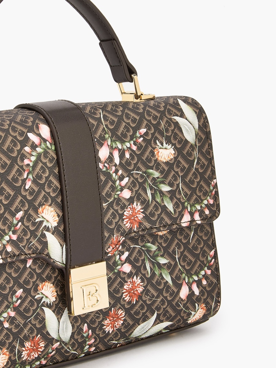 Monogram Print Satchel Bag with Button Closure