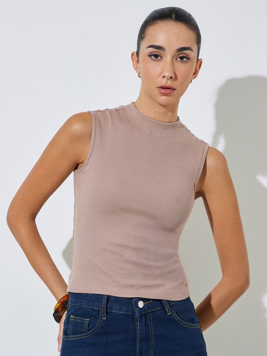 Beige Cotton Lycra Ribbed Fitted Tank Top