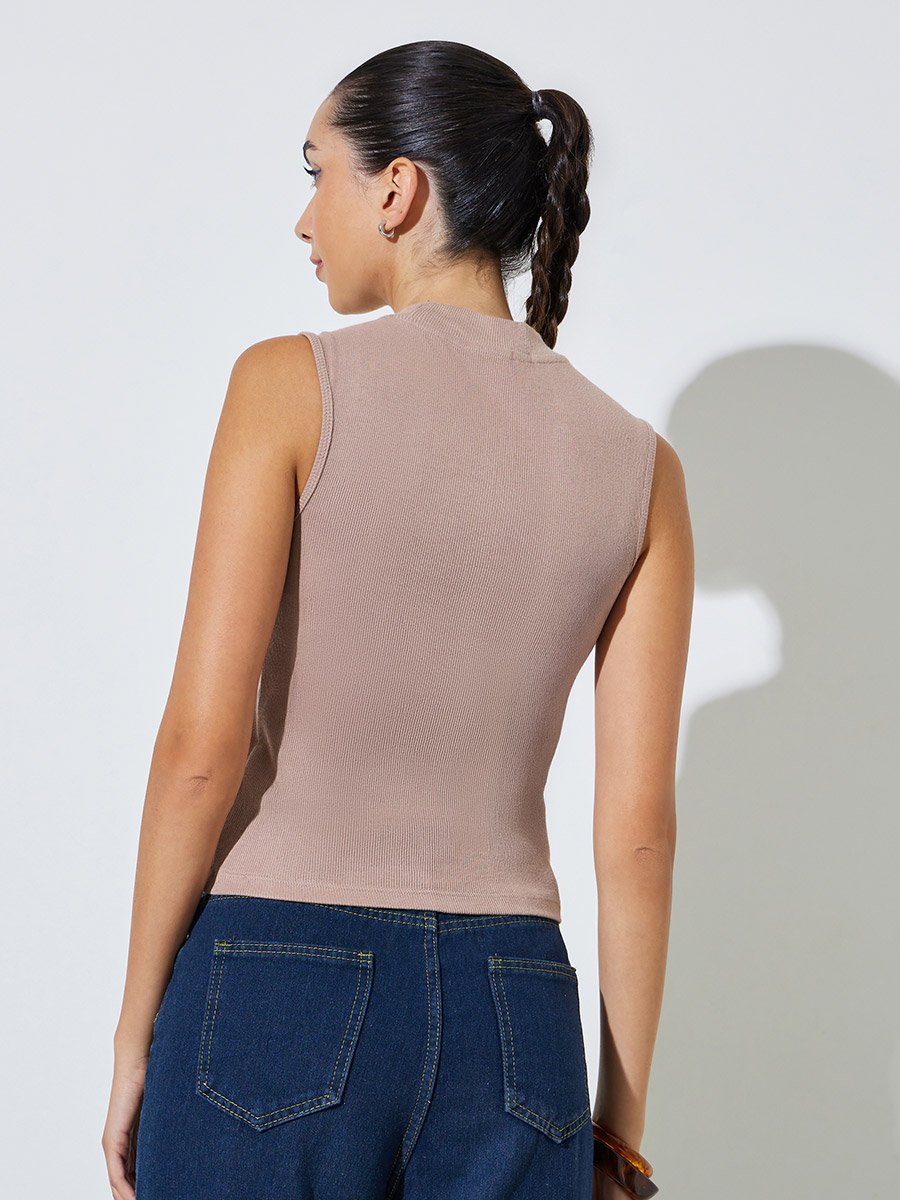 Beige Cotton Lycra Ribbed Fitted Tank Top