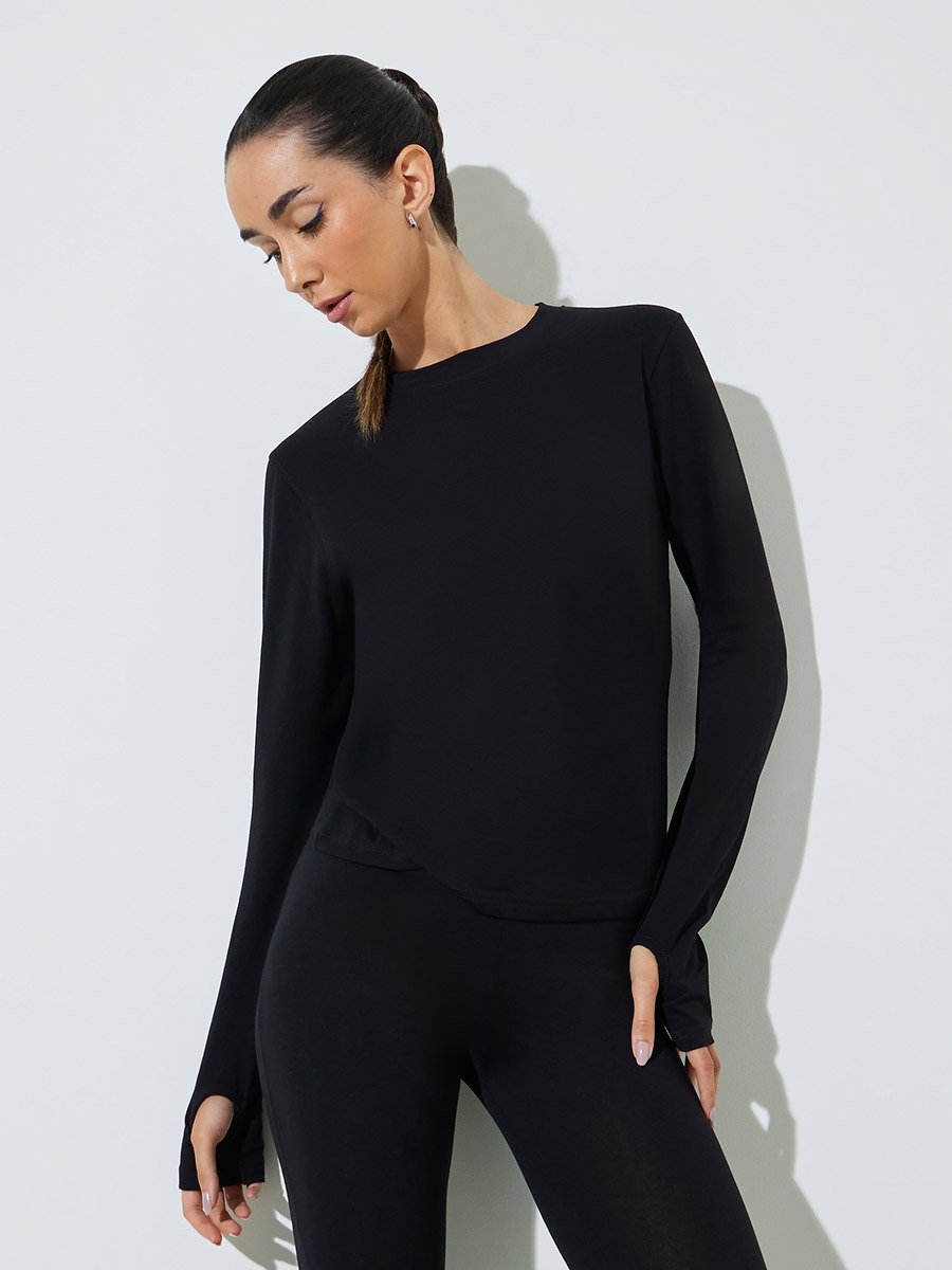 Black Cotton Lycra T-Shirt with Thumbhole Sleeve