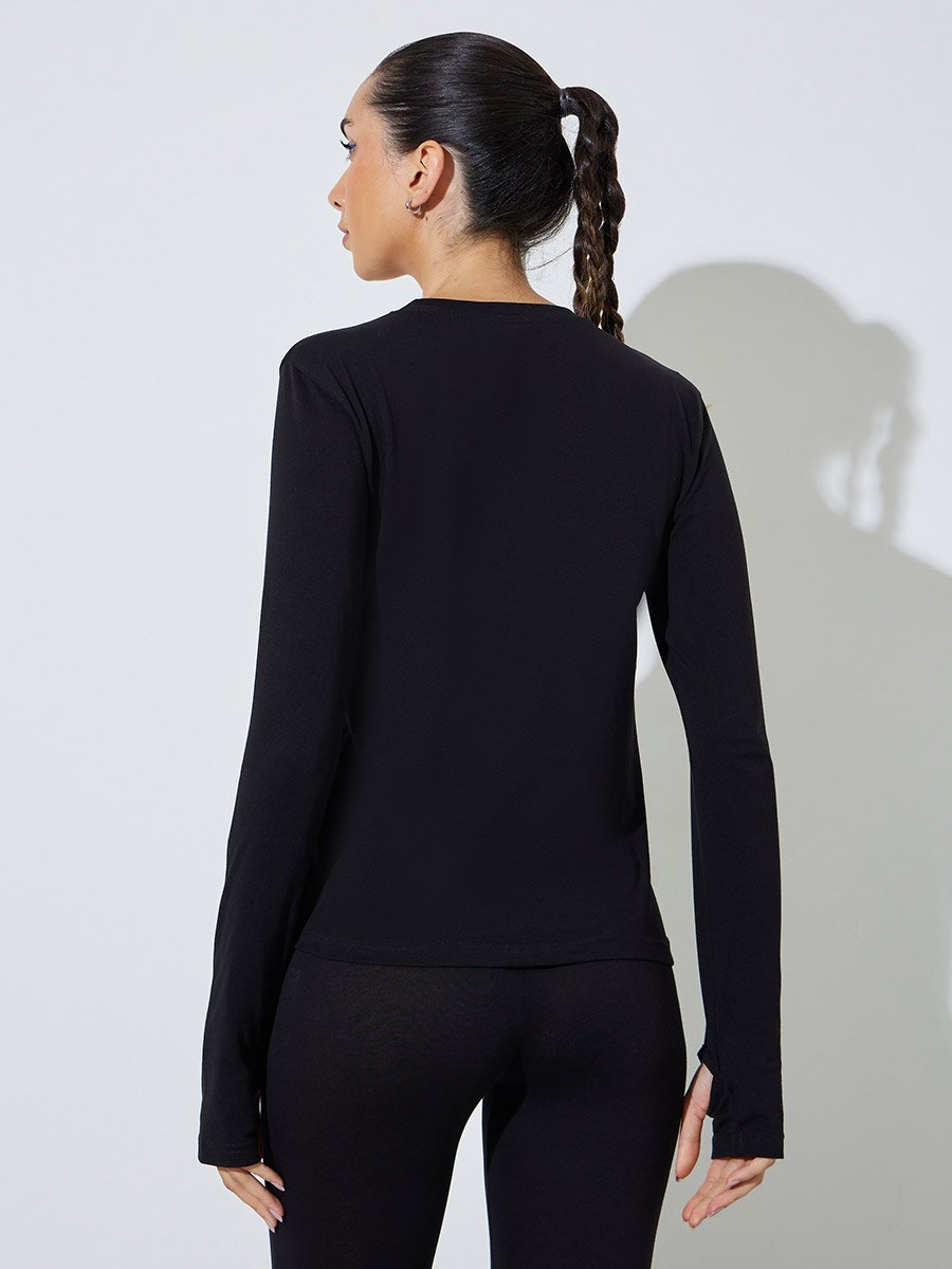 Black Cotton Lycra T-Shirt with Thumbhole Sleeve