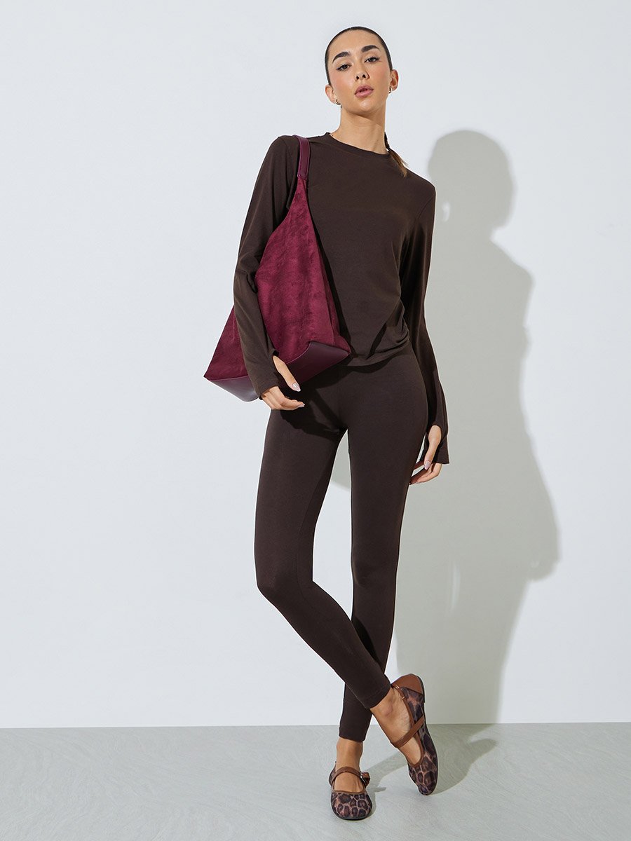 Brown Cotton Lycra T-Shirt with Thumbhole Sleeve