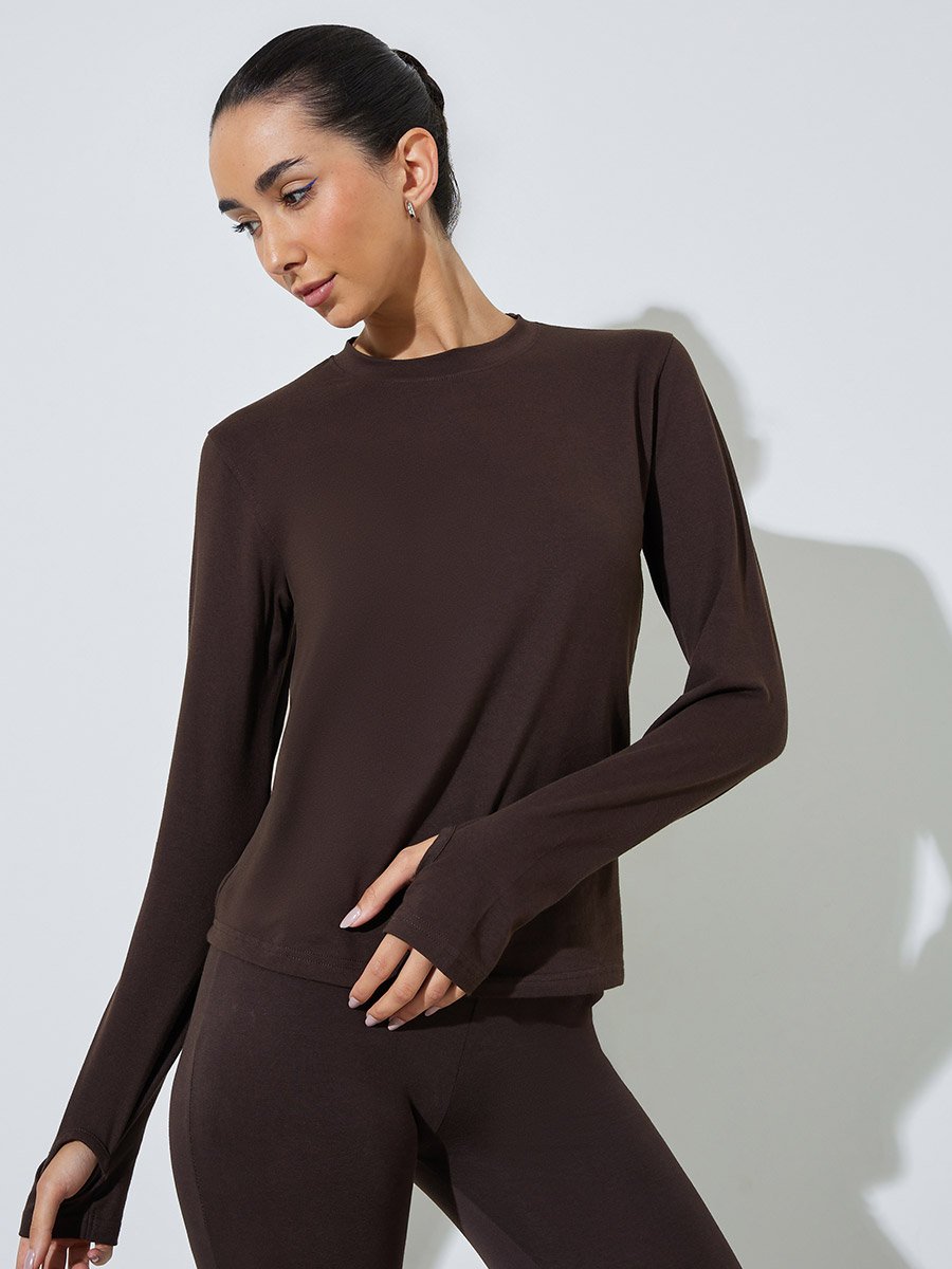 Brown Cotton Lycra T-Shirt with Thumbhole Sleeve