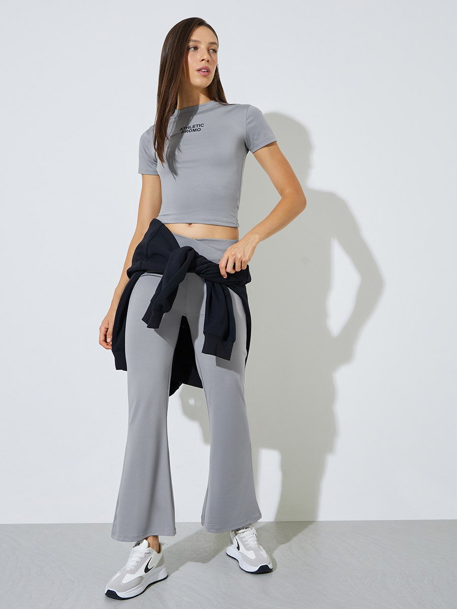 Grey Slogan Print Stretch Fitted T-Shirt