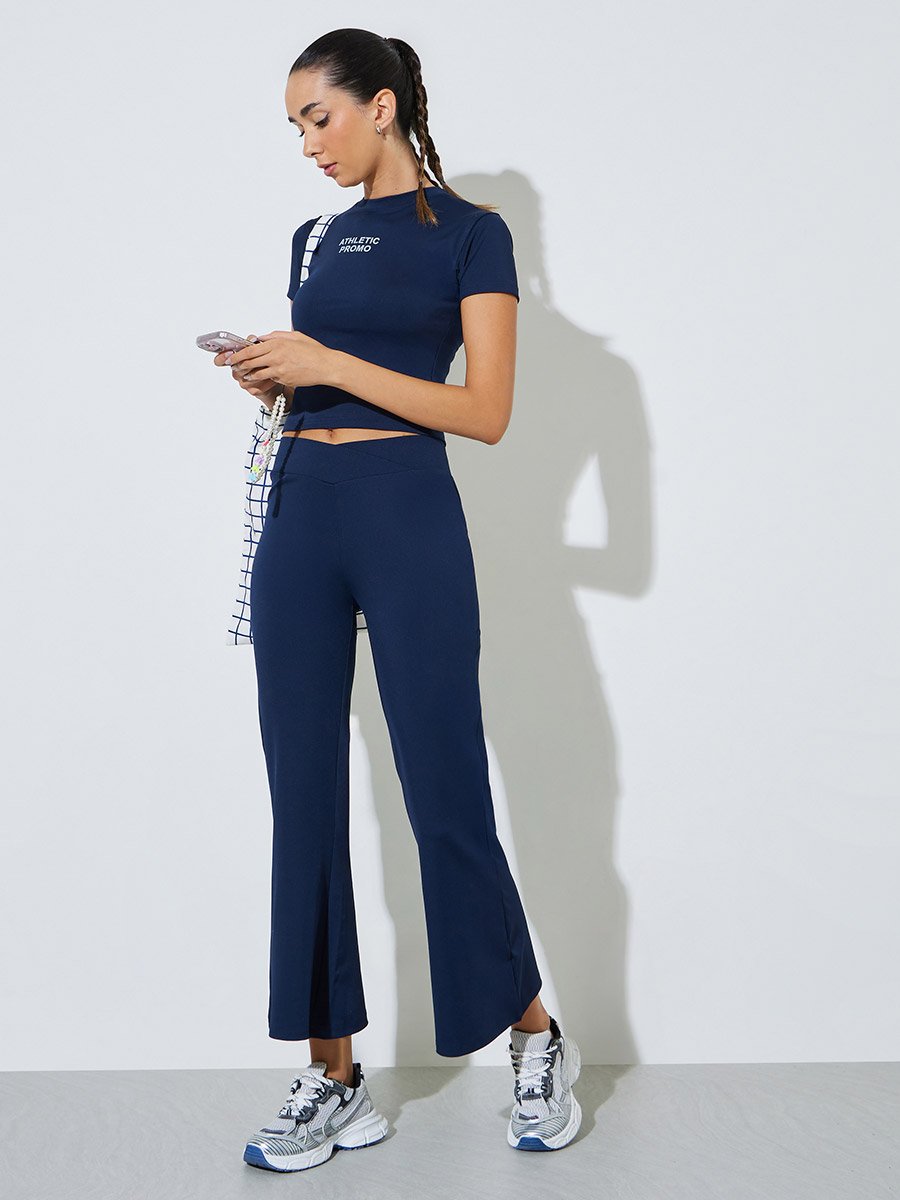 Navy Blue Slogan Print Stretch Fitted T-Shirt