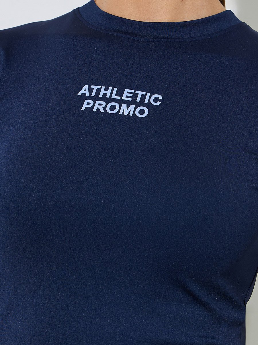 Navy Blue Slogan Print Stretch Fitted T-Shirt
