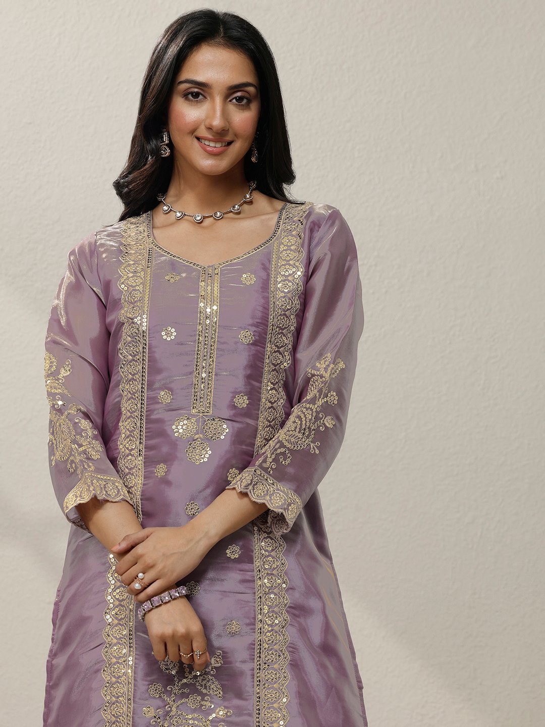 Printed Organza Straight Kurta, Trousers And Dupatta Set