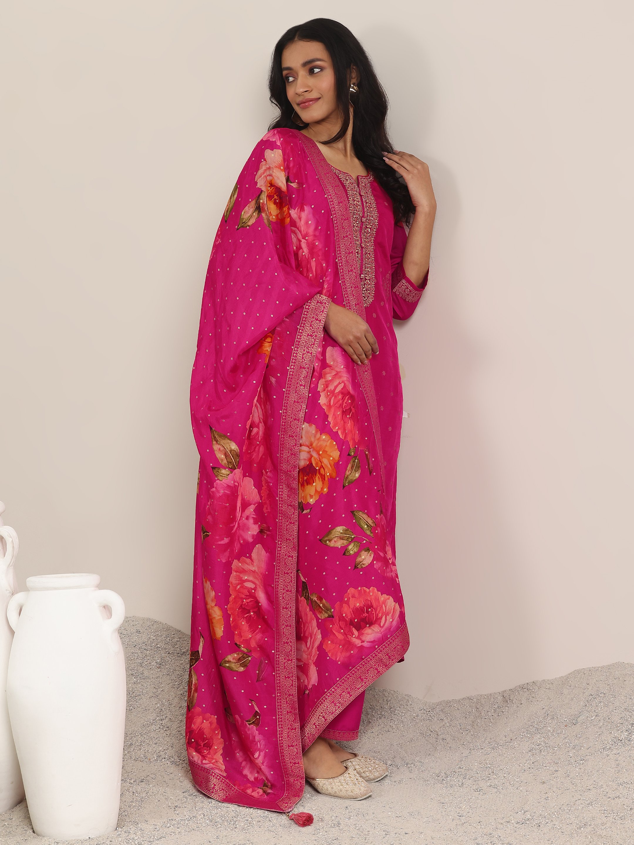 Pink Printed Silk Blend Straight Kurta, Trousers and Dupatta Set