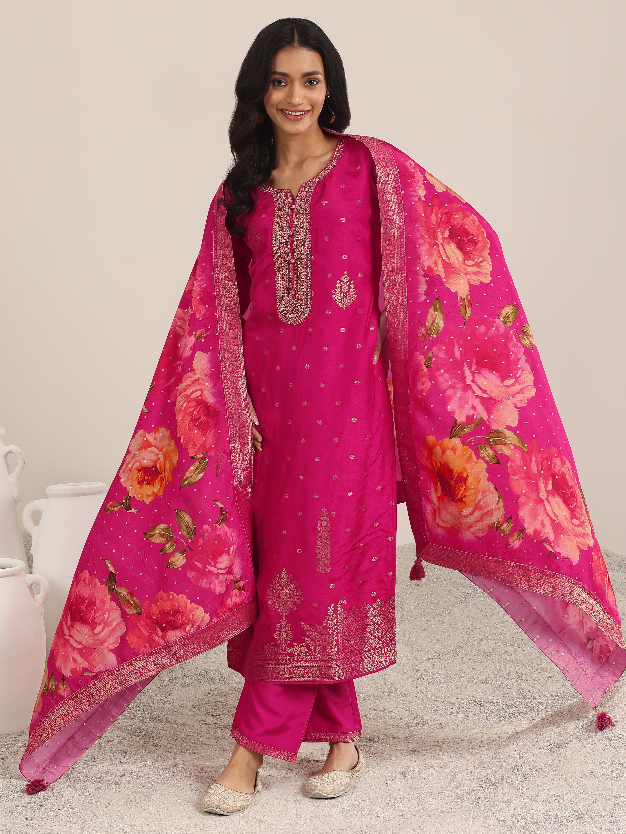 Pink Printed Silk Blend Straight Kurta, Trousers and Dupatta Set