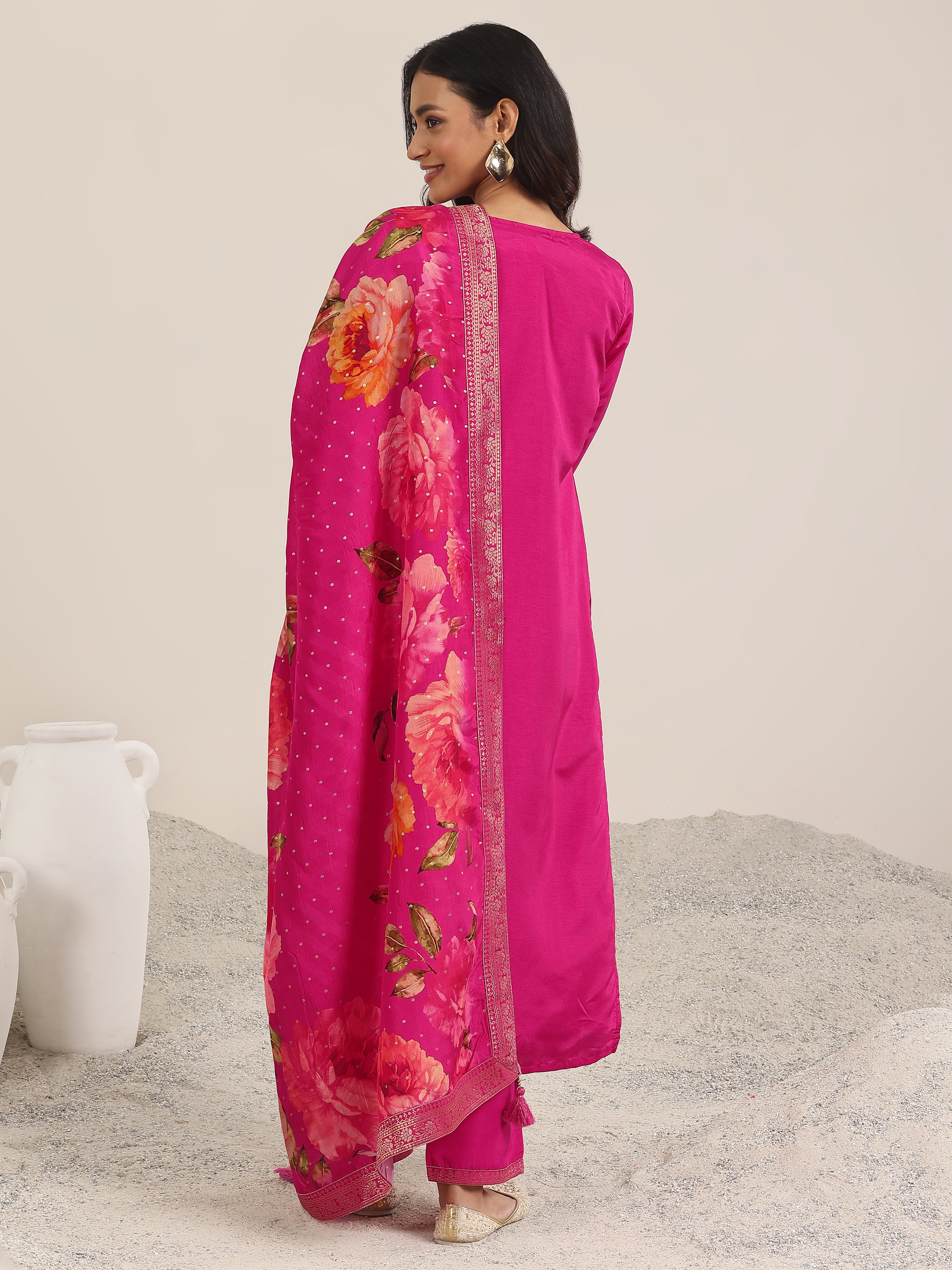 Pink Printed Silk Blend Straight Kurta, Trousers and Dupatta Set