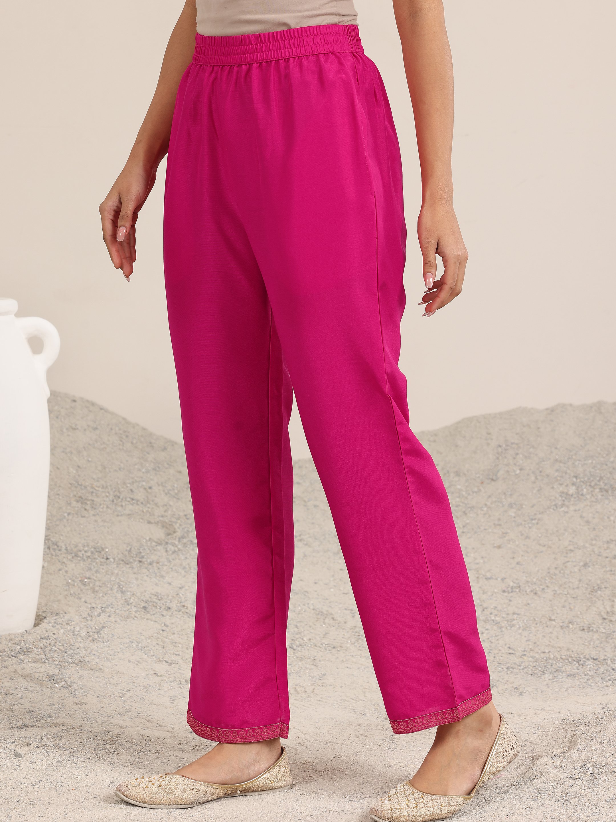 Pink Printed Silk Blend Straight Kurta, Trousers and Dupatta Set
