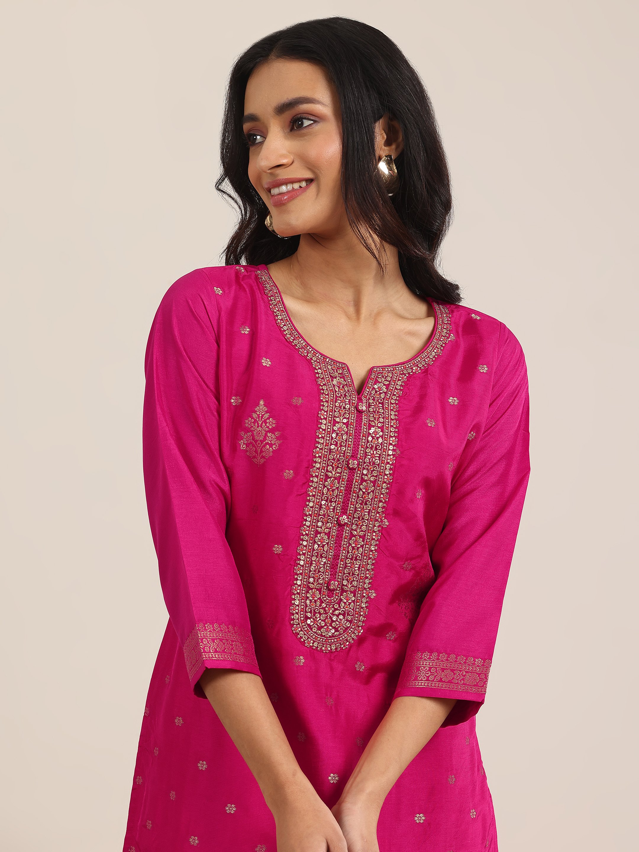 Pink Printed Silk Blend Straight Kurta, Trousers and Dupatta Set