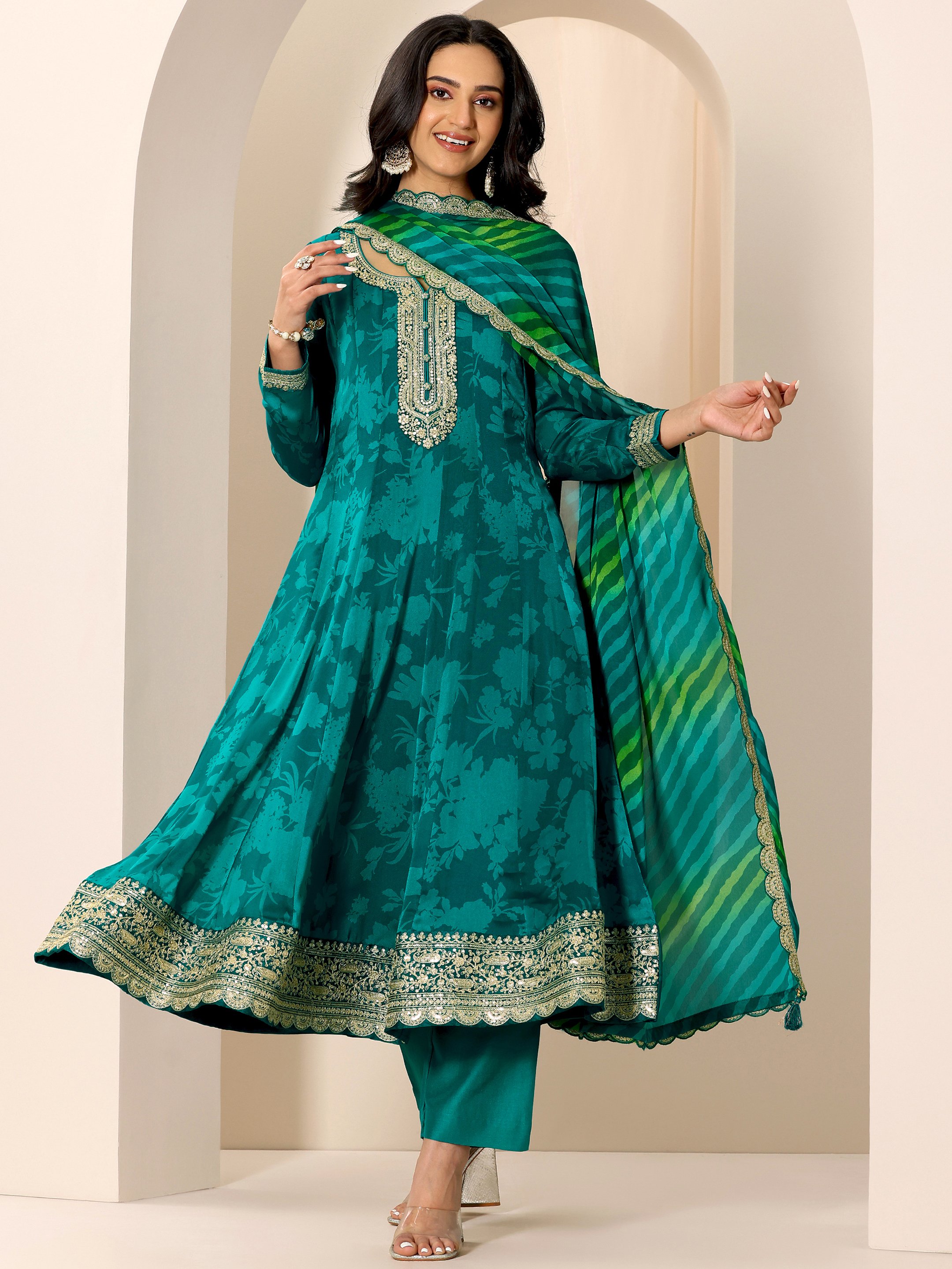 Printed Chiffon Anarkali Kurta, Trousers And Dupatta Set