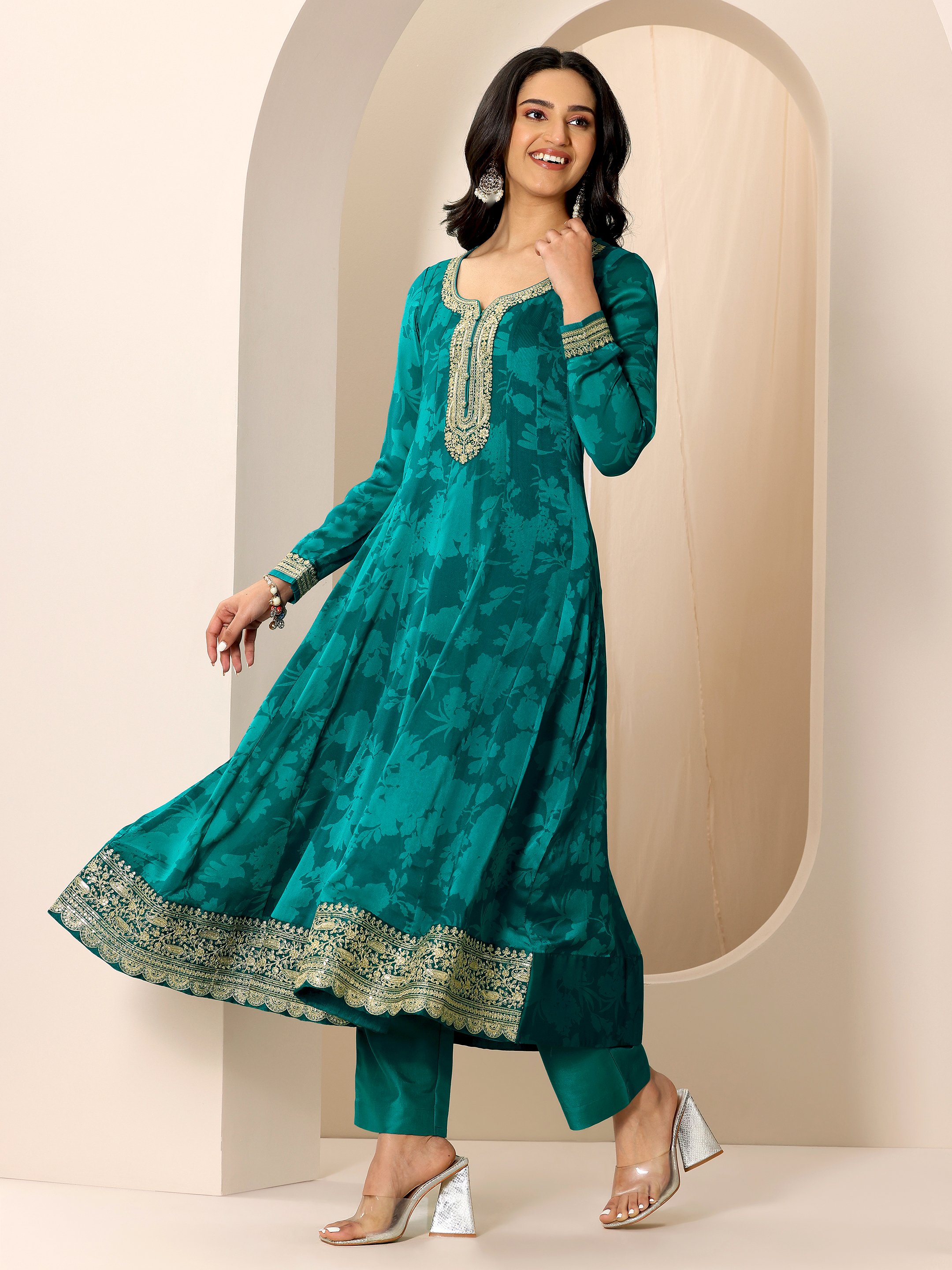 Printed Chiffon Anarkali Kurta, Trousers And Dupatta Set