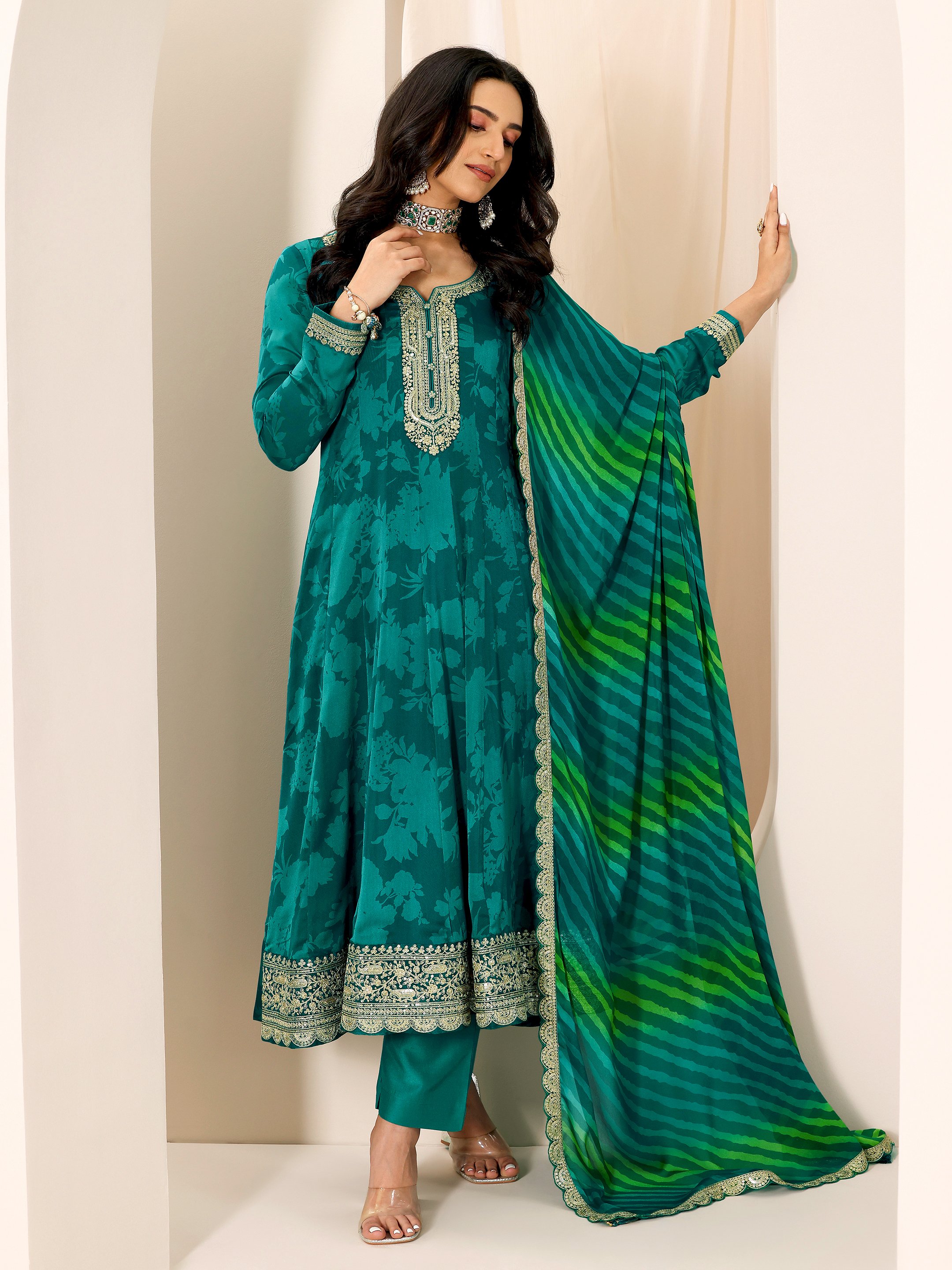 Printed Chiffon Anarkali Kurta, Trousers And Dupatta Set