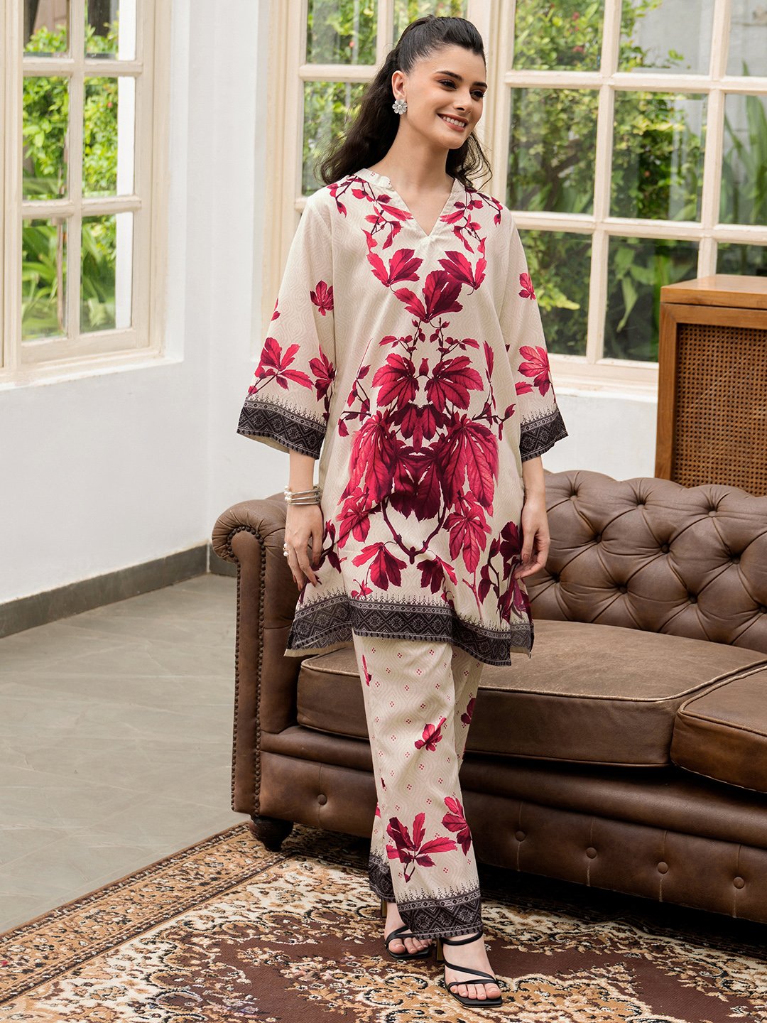 Floral Print Straight Tunic and Trousers Co-Ords