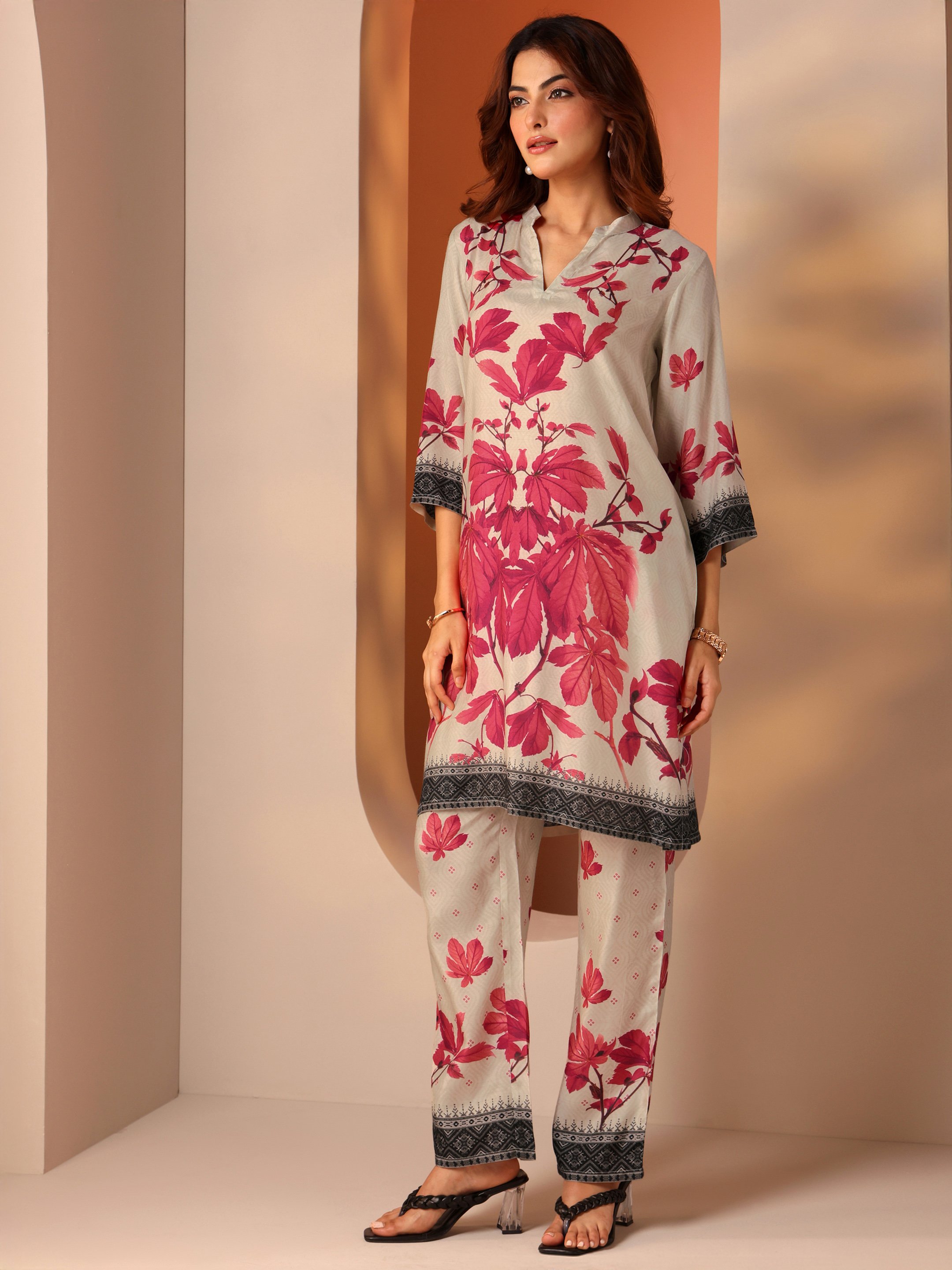 Floral Print Straight Tunic and Trousers Co-Ords
