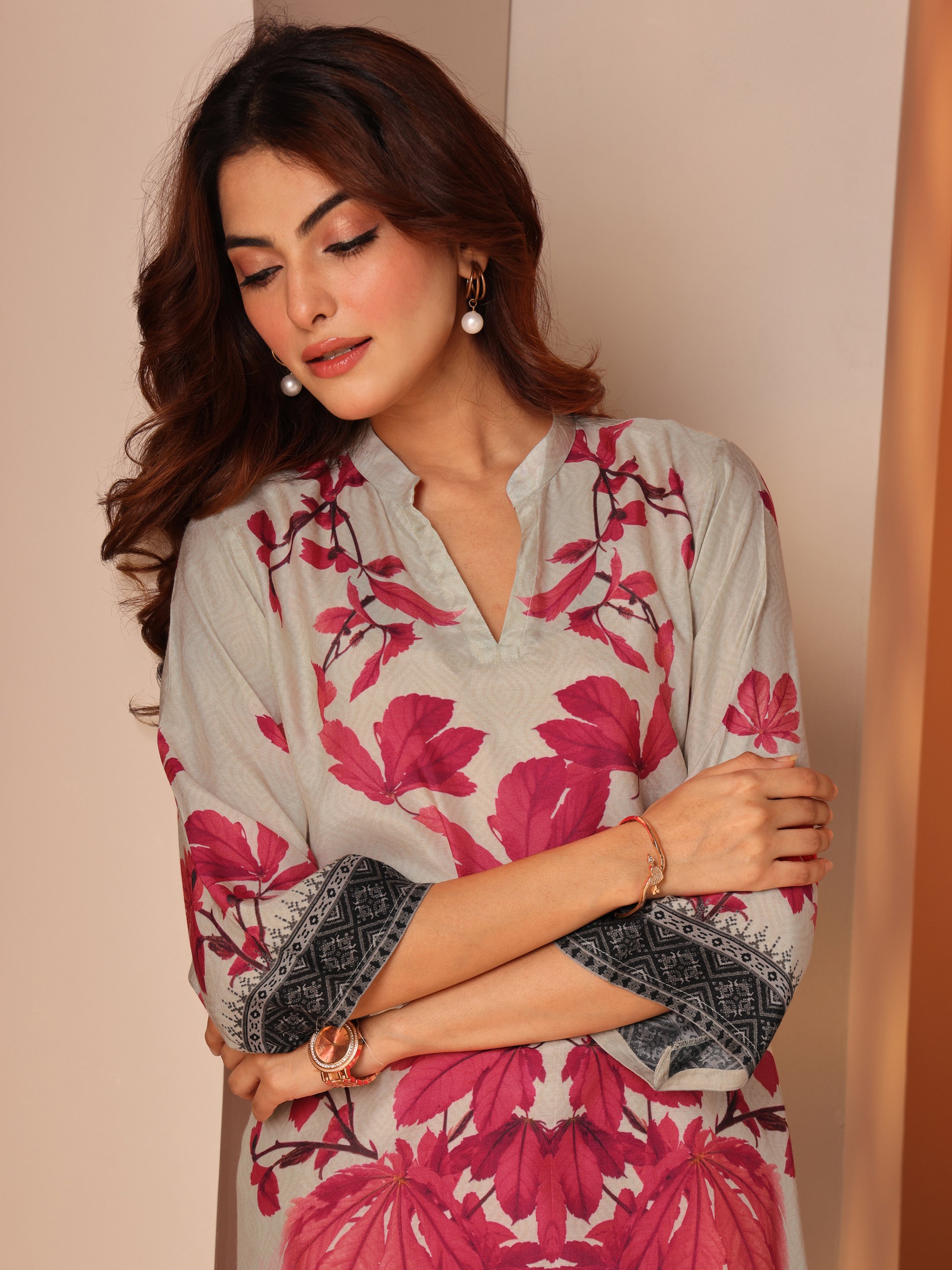 Floral Print Straight Tunic and Trousers Co-Ords