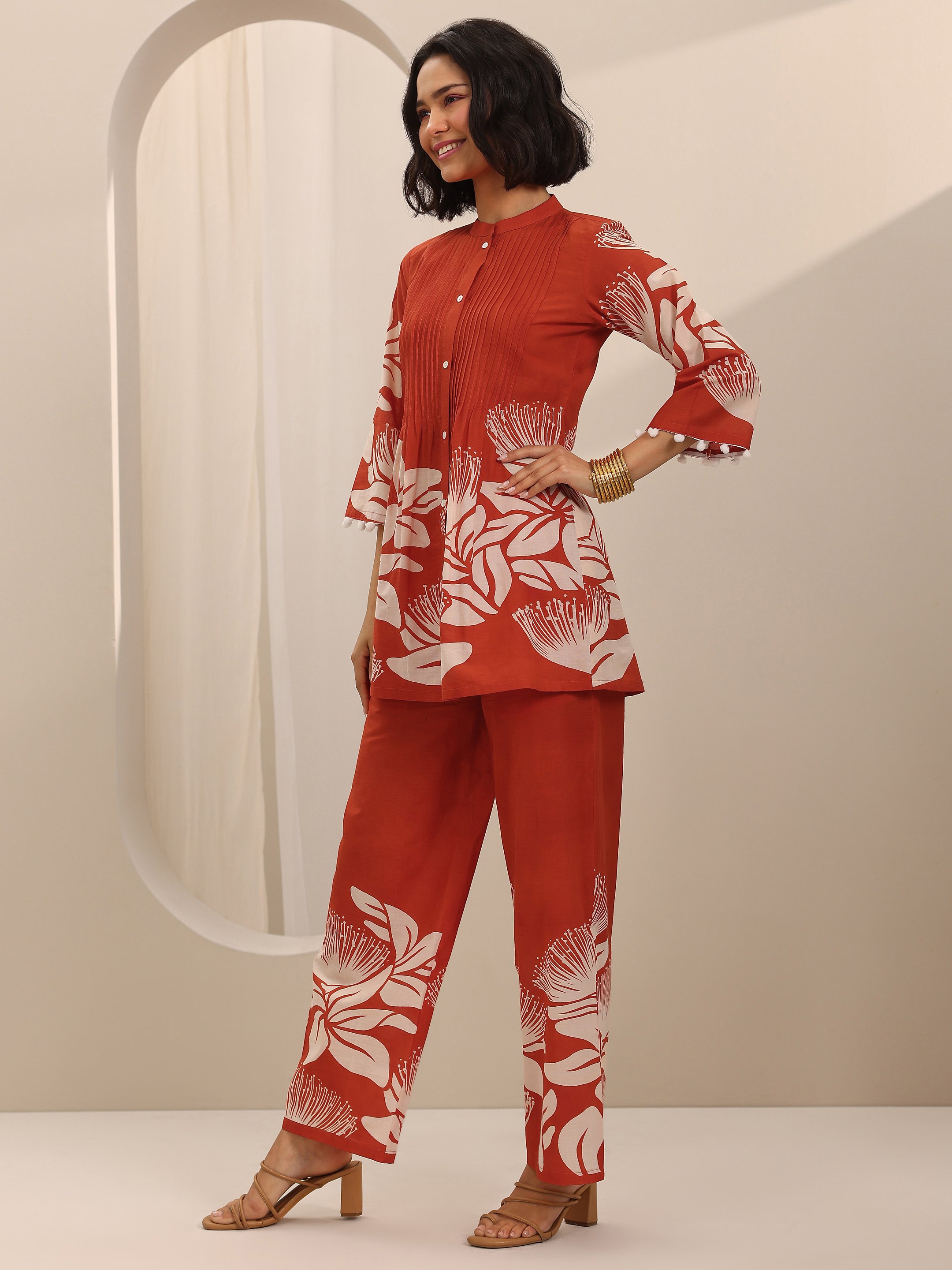 Floral Print Pintuck Shirt and Palazzo Co-Ords