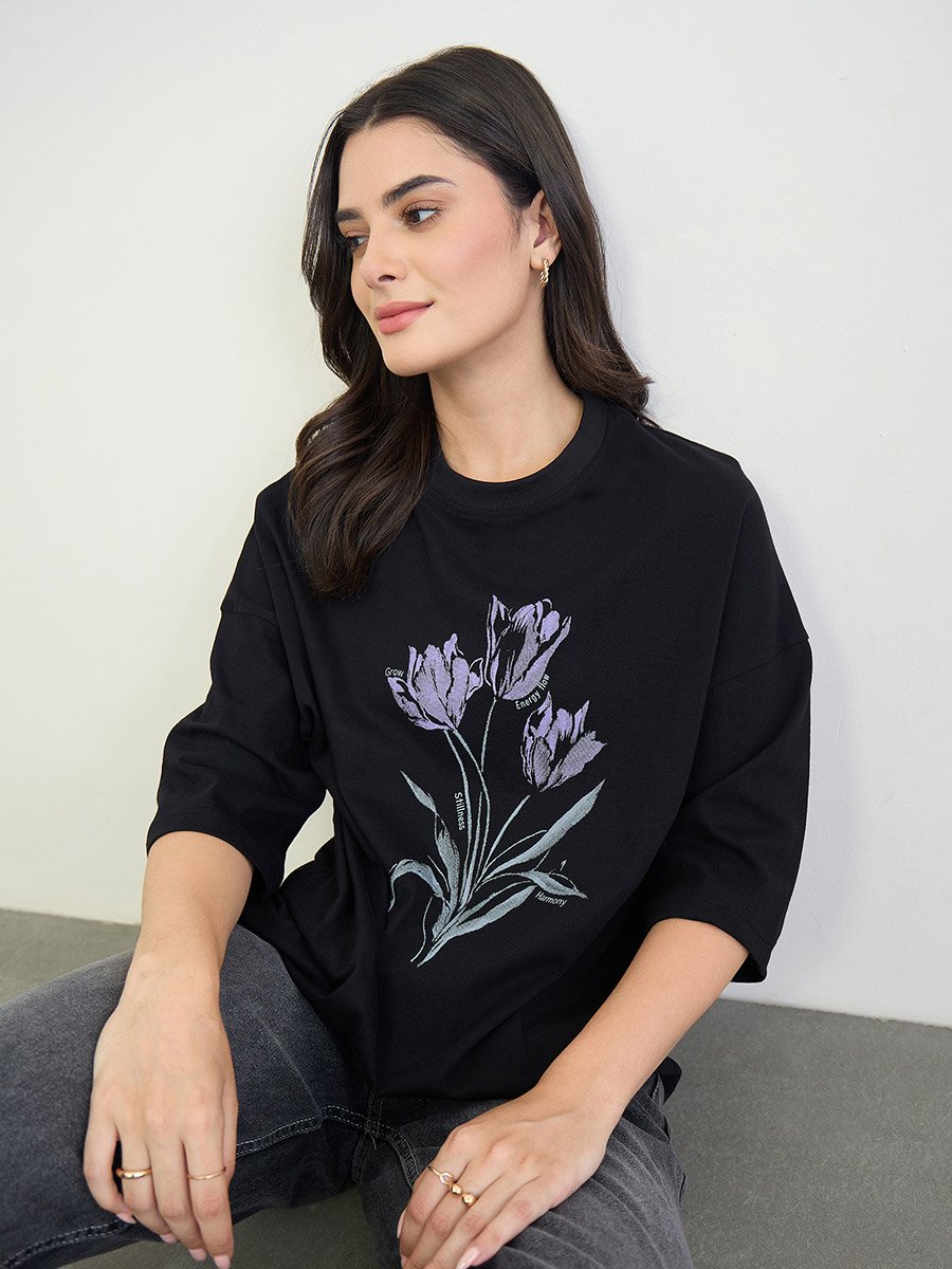 Black Cotton Oversized T-Shirt with Tulip Print