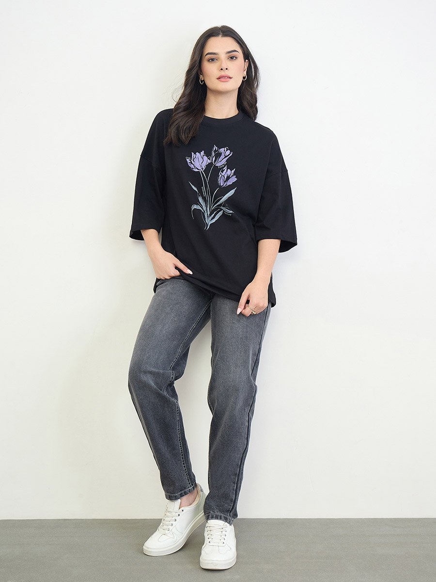 Black Cotton Oversized T-Shirt with Tulip Print