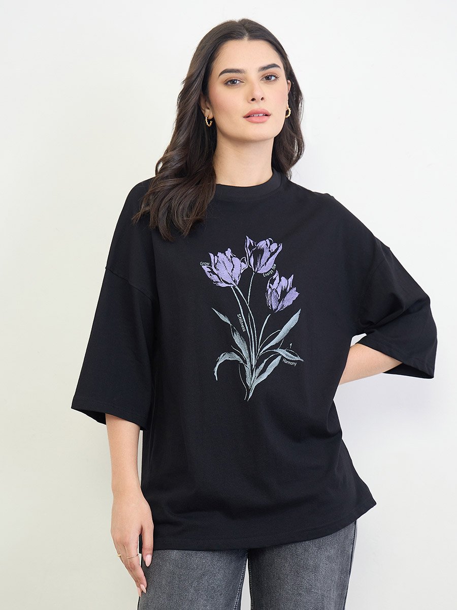 Black Cotton Oversized T-Shirt with Tulip Print