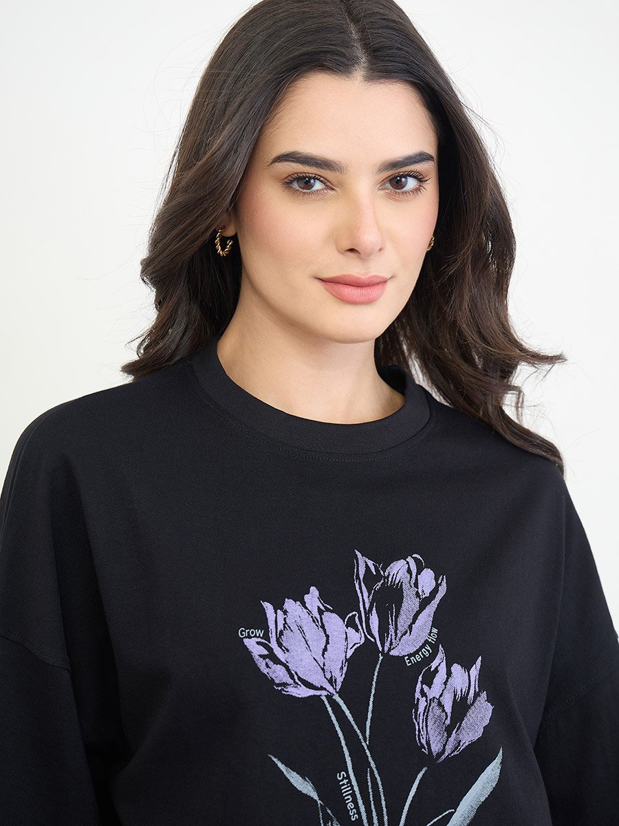 Black Cotton Oversized T-Shirt with Tulip Print