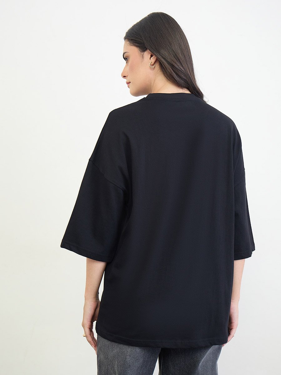 Black Cotton Oversized T-Shirt with Tulip Print