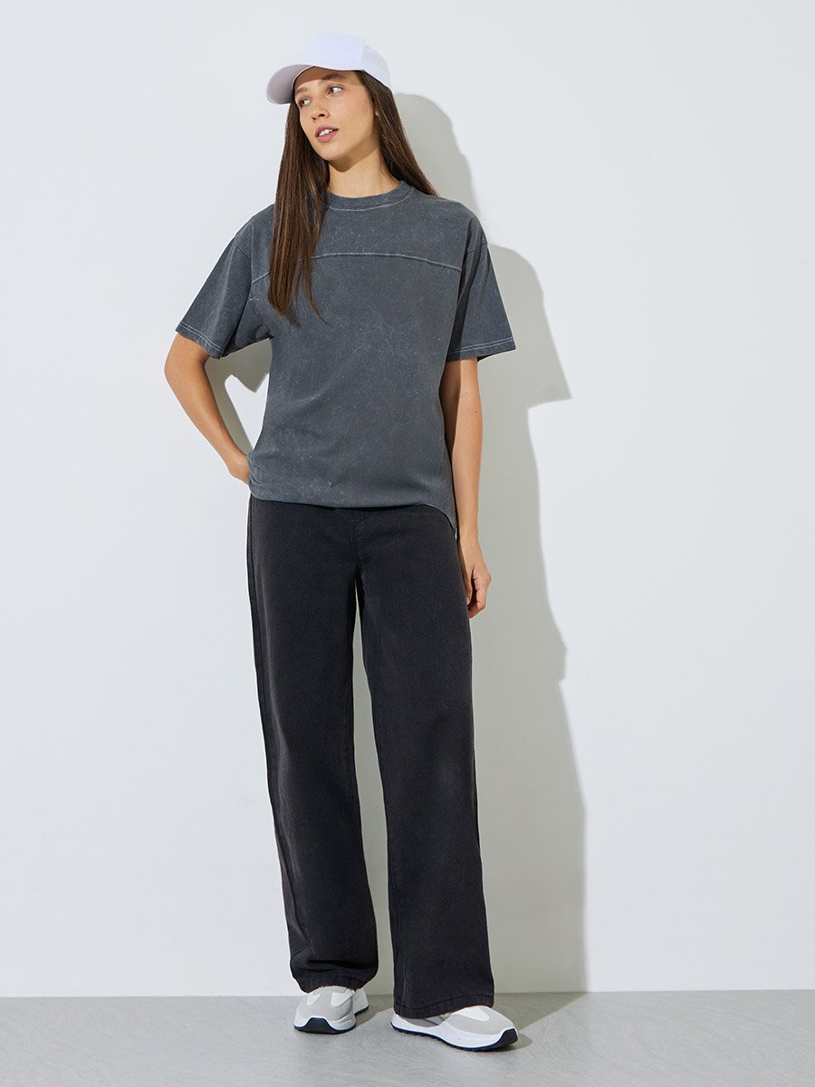 Grey Acid Wash Contrast Stitch T-Shirt