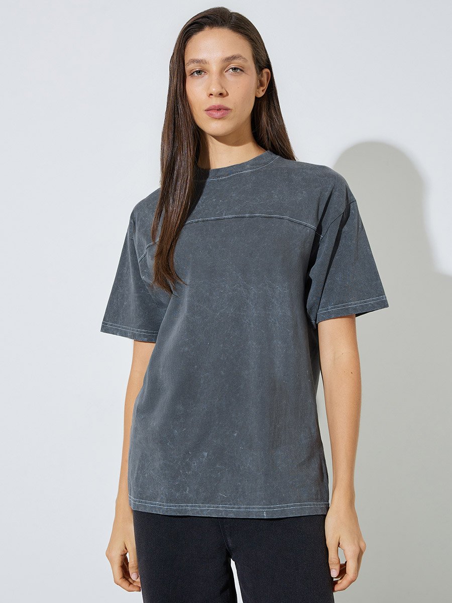Grey Acid Wash Contrast Stitch T-Shirt