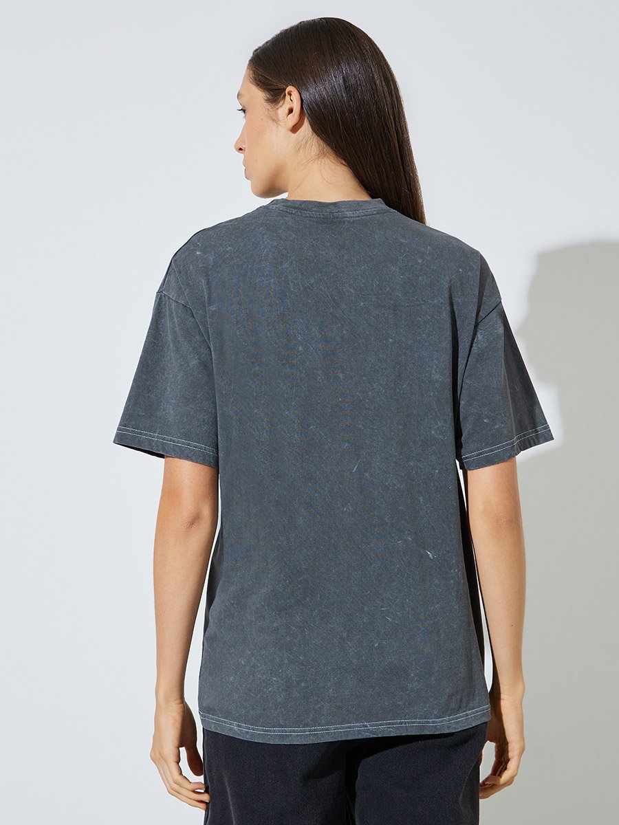 Grey Acid Wash Contrast Stitch T-Shirt