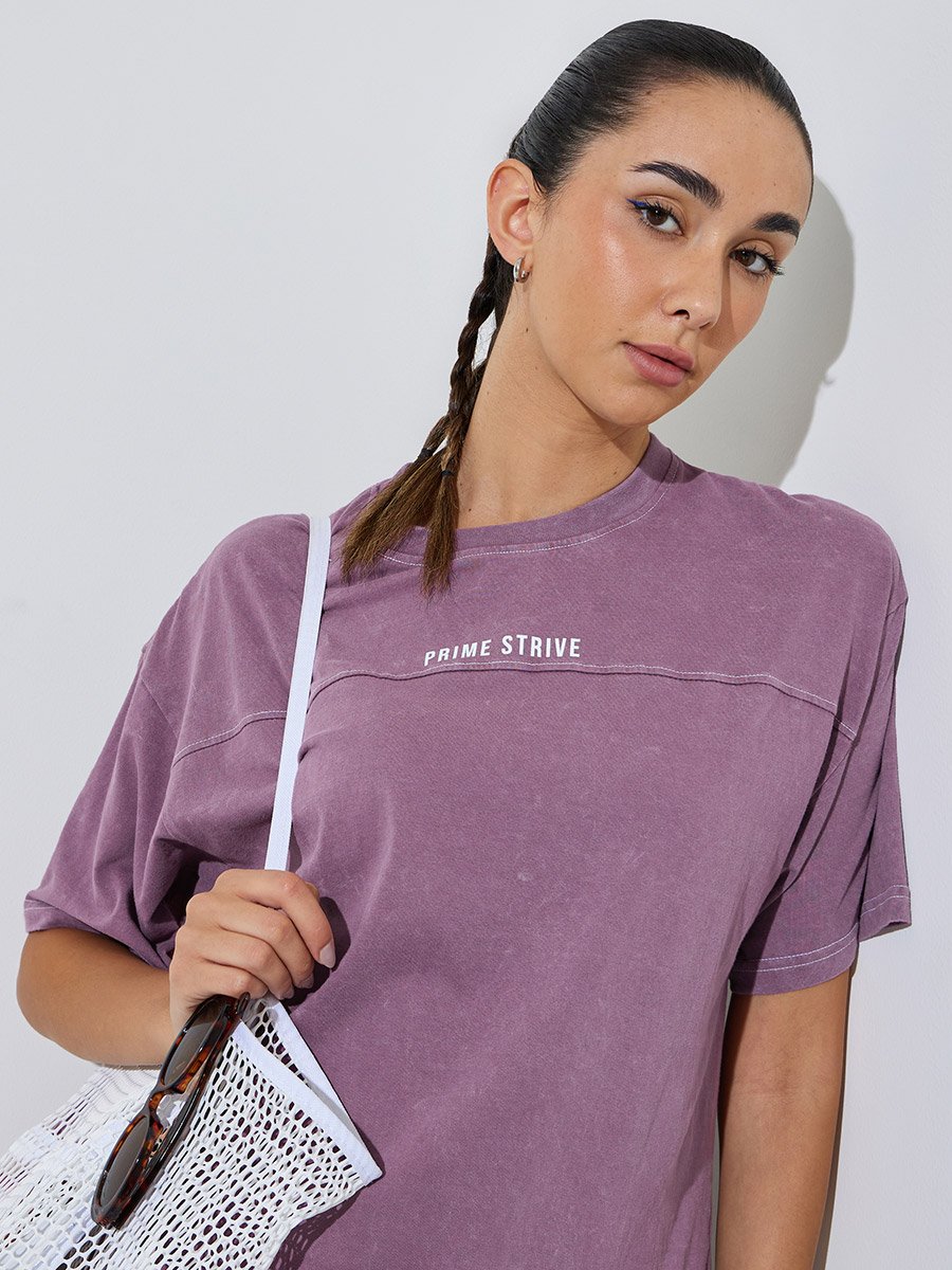 Purple Slogan Print Acid Wash Contrast Stitch T-Shirt
