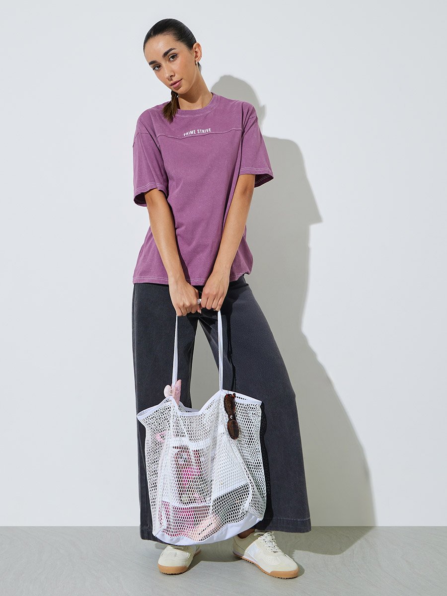 Purple Slogan Print Acid Wash Contrast Stitch T-Shirt