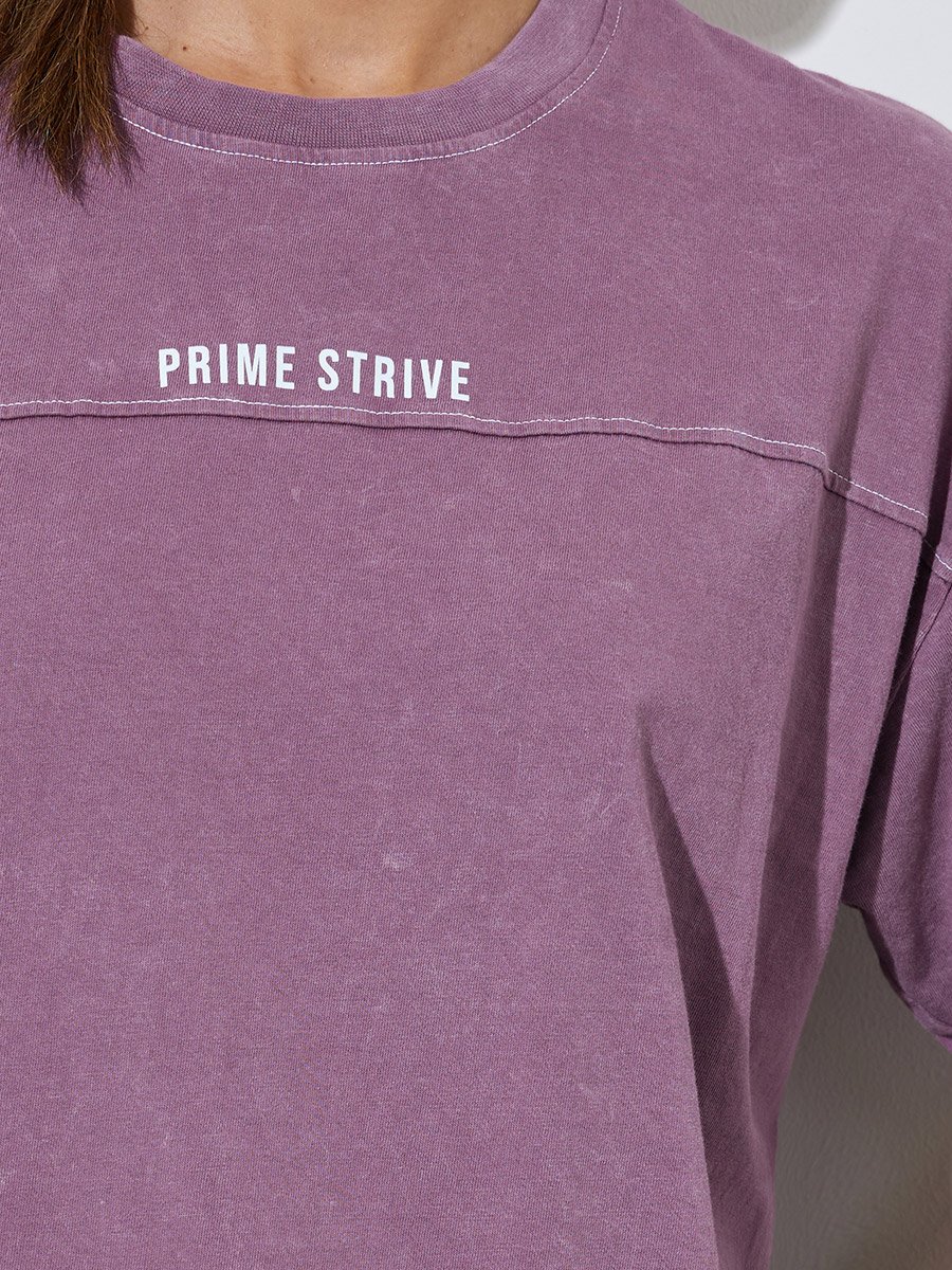 Purple Slogan Print Acid Wash Contrast Stitch T-Shirt