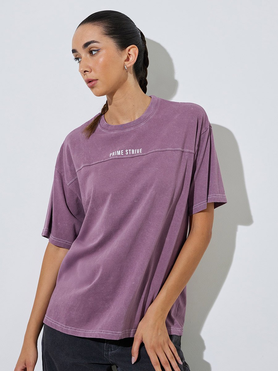 Purple Slogan Print Acid Wash Contrast Stitch T-Shirt