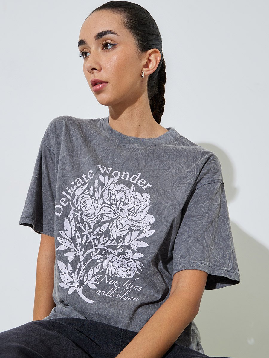 Grey Acid Wash Oversized Graphic Cotton T-Shirt
