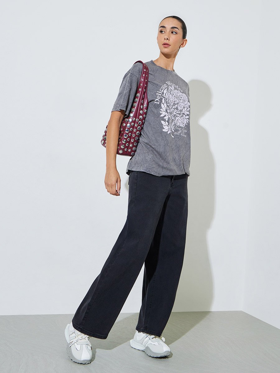 Grey Acid Wash Oversized Graphic Cotton T-Shirt