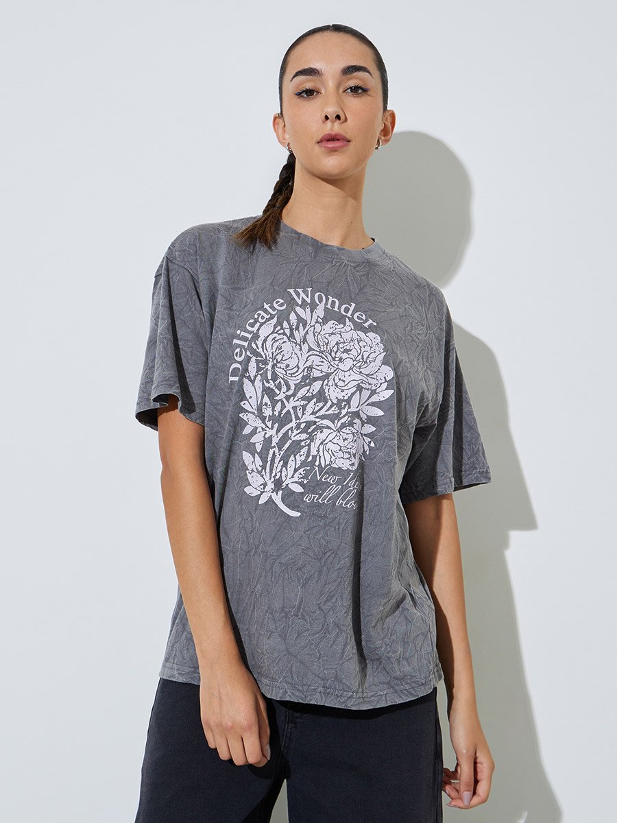 Grey Acid Wash Oversized Graphic Cotton T-Shirt
