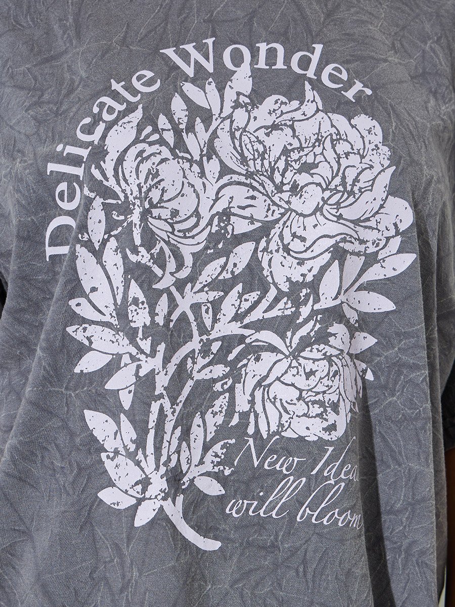 Grey Acid Wash Oversized Graphic Cotton T-Shirt