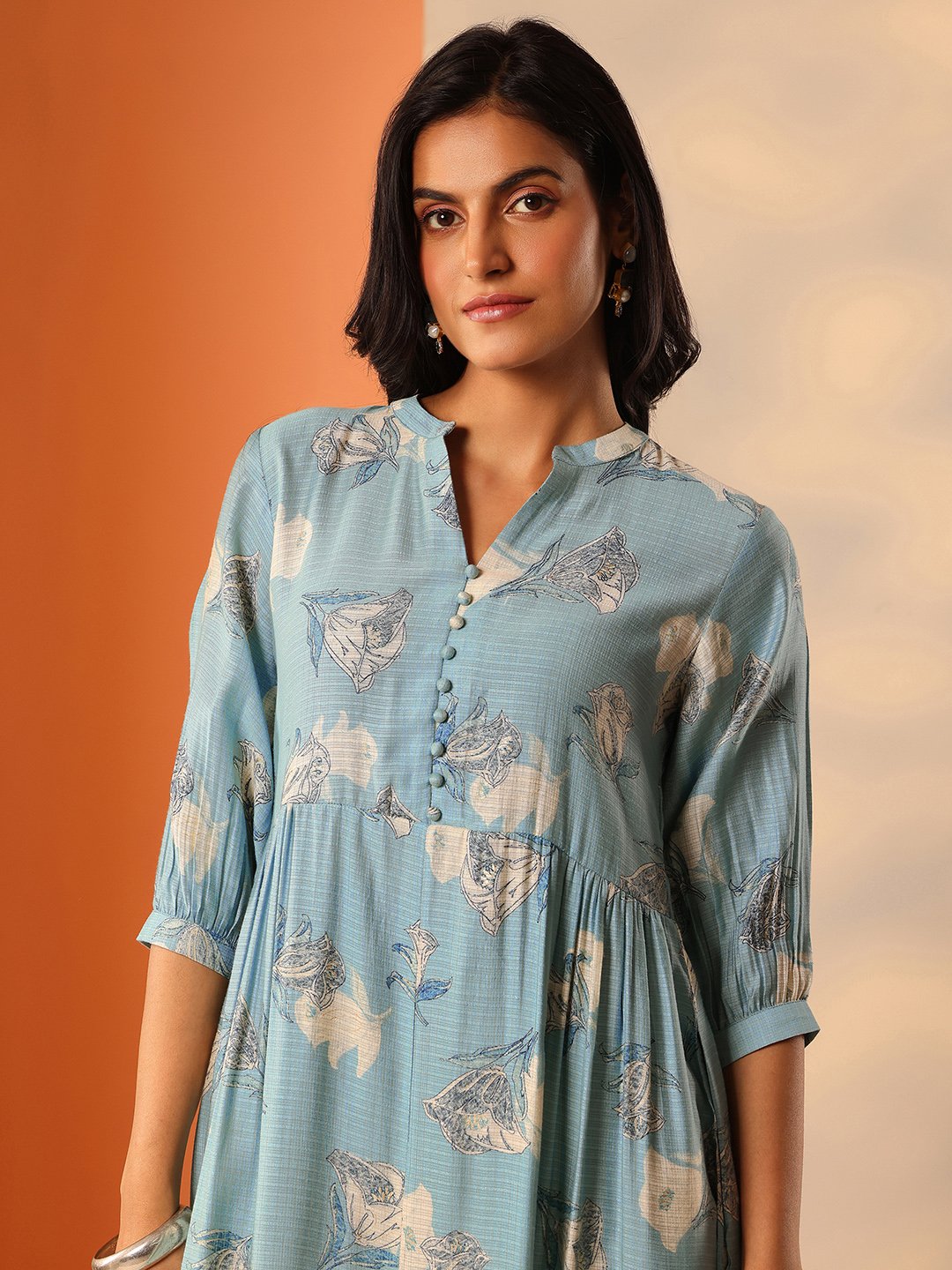 Blue Silk Blend Fit and Flare Dress For Women at Kuwait | Styli