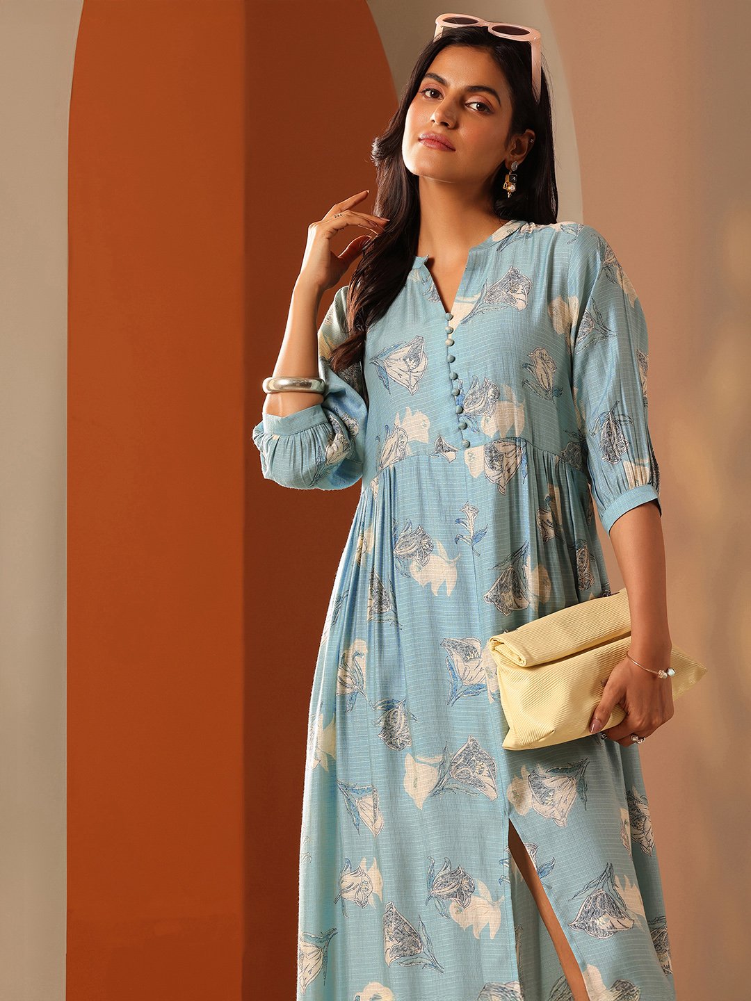 Blue Silk Blend Fit and Flare Dress For Women at Kuwait | Styli Blue Silk Blend Fit and Flare Dress For Women at Kuwait | Styli