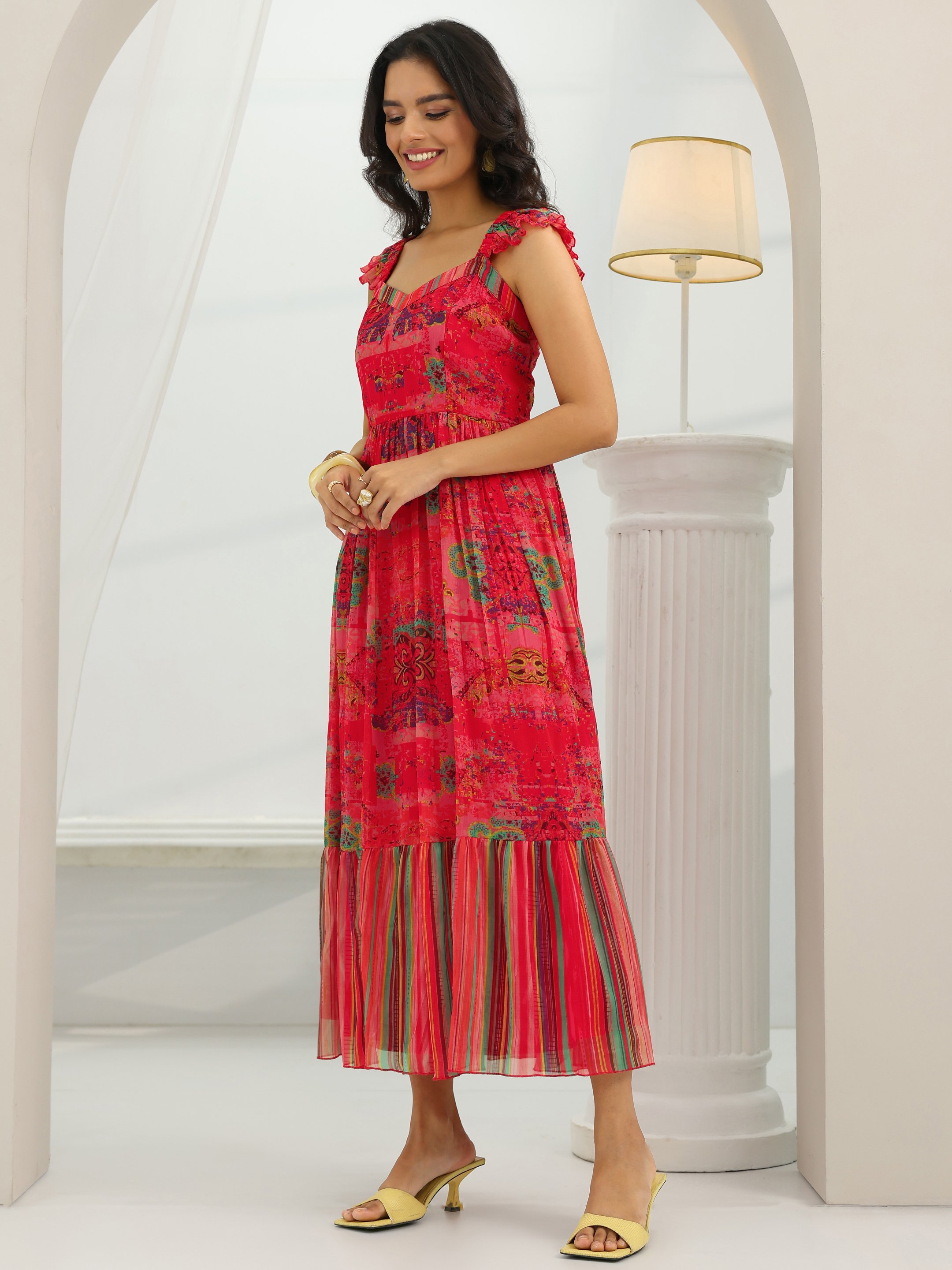 Coral Chiffon Printed Tiered Midi Dress