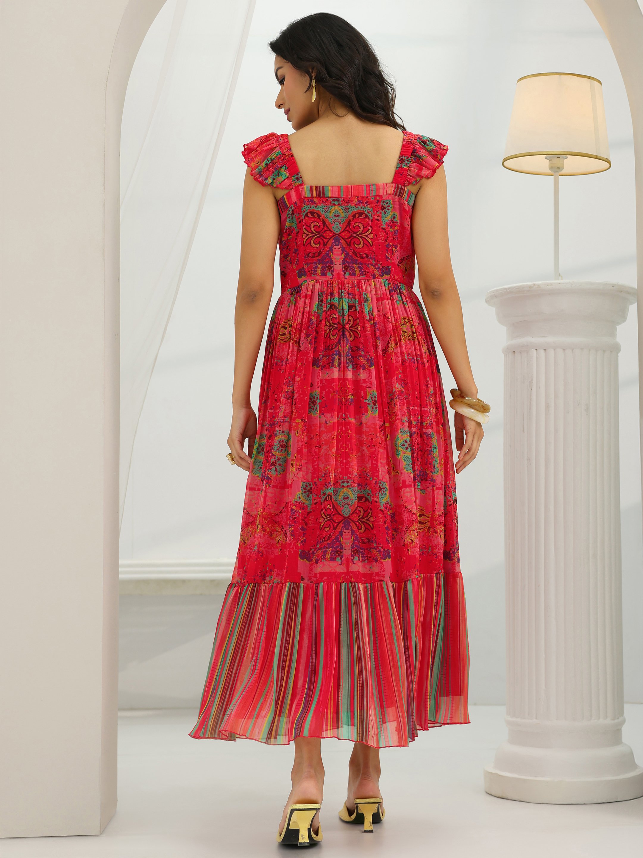 Coral Chiffon Printed Tiered Midi Dress