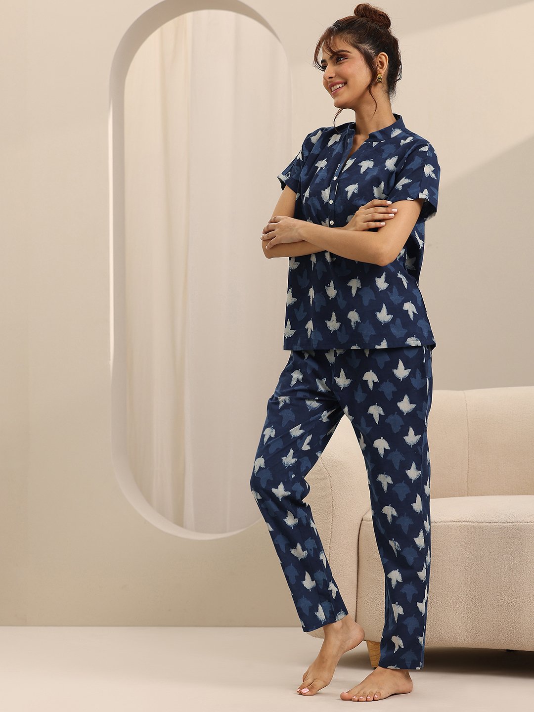 Blue Printed Cotton Pyjama Set