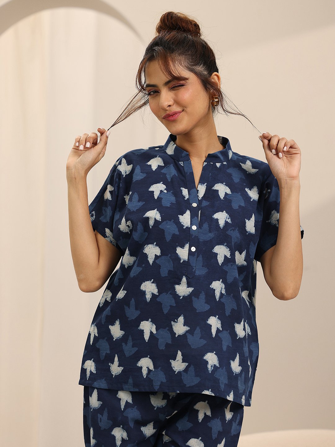 Blue Printed Cotton Pyjama Set