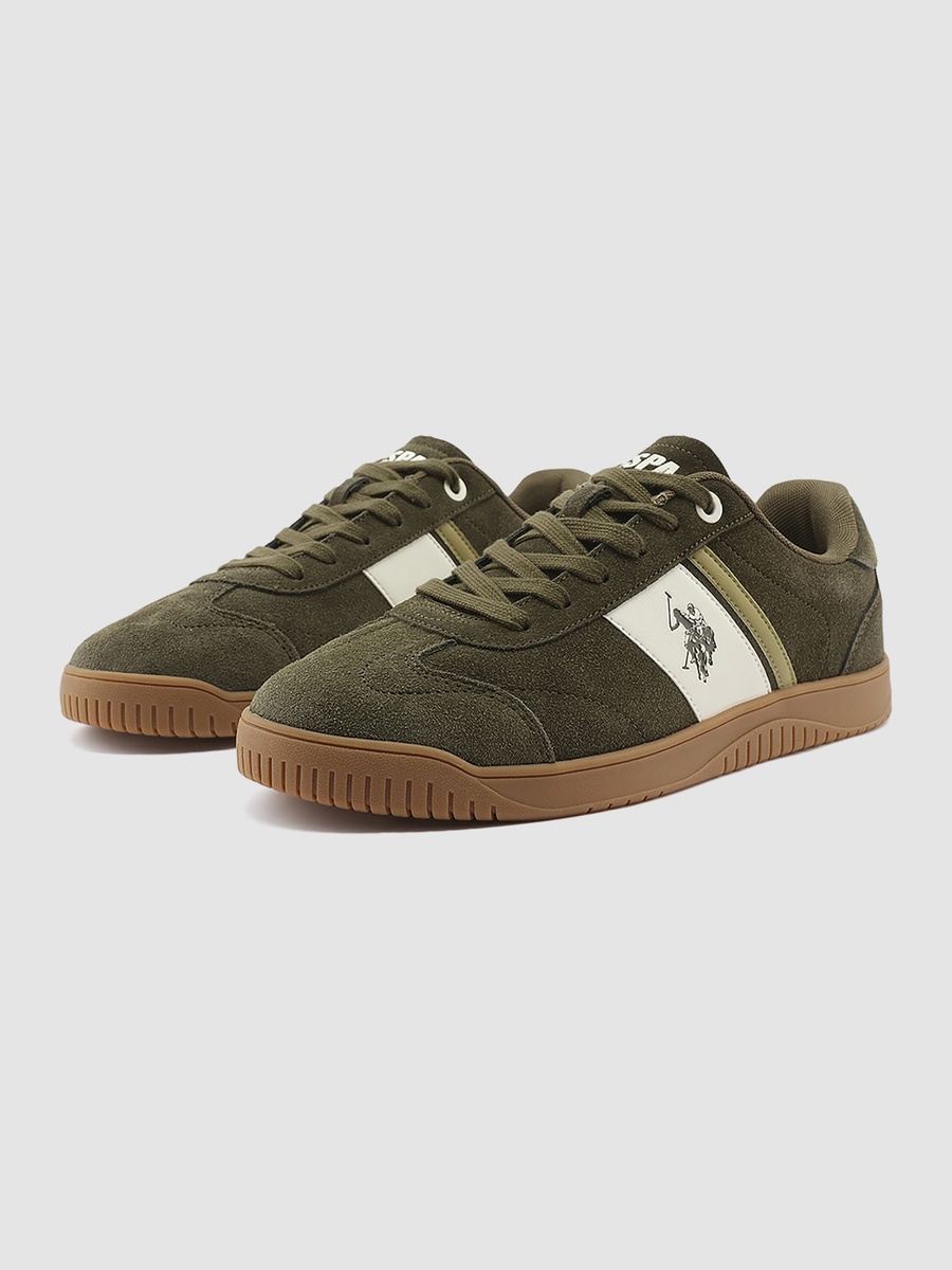 Men Olive Low-Top Suede Sneakers
