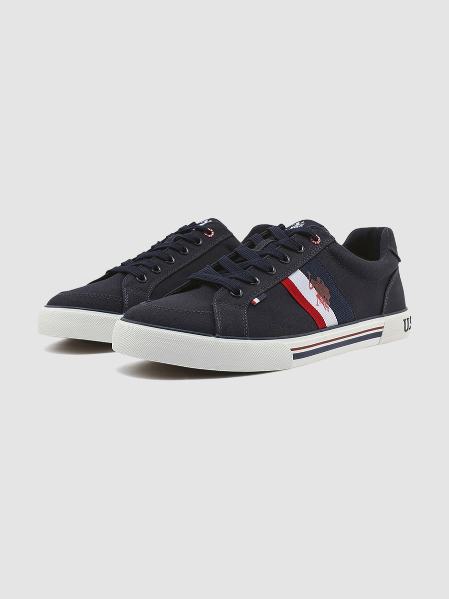 Men Navy Blue Logo Detail Canvas Sneakers
