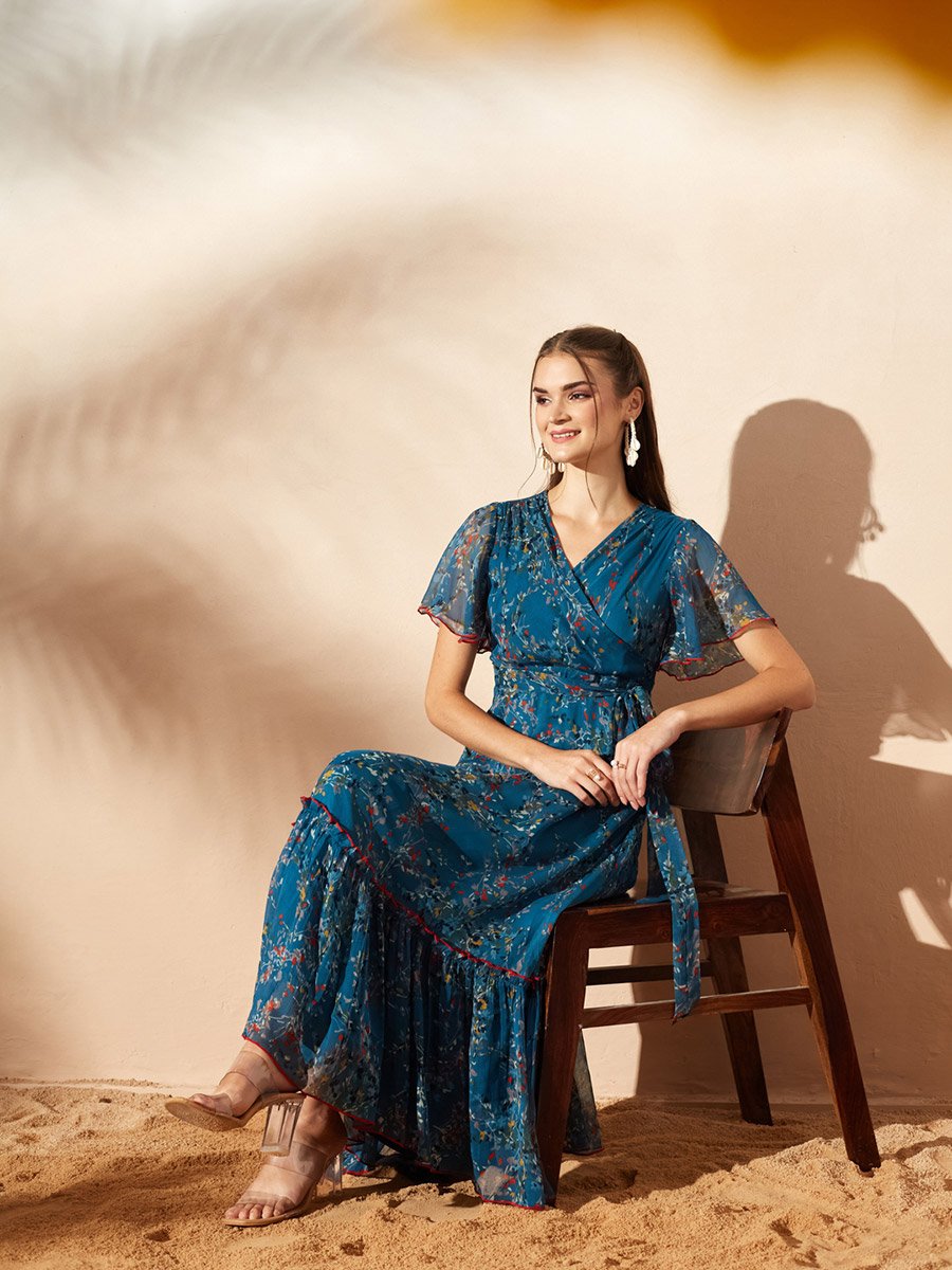 Teal Leaf Print V Neck A-Line Maxi Dress